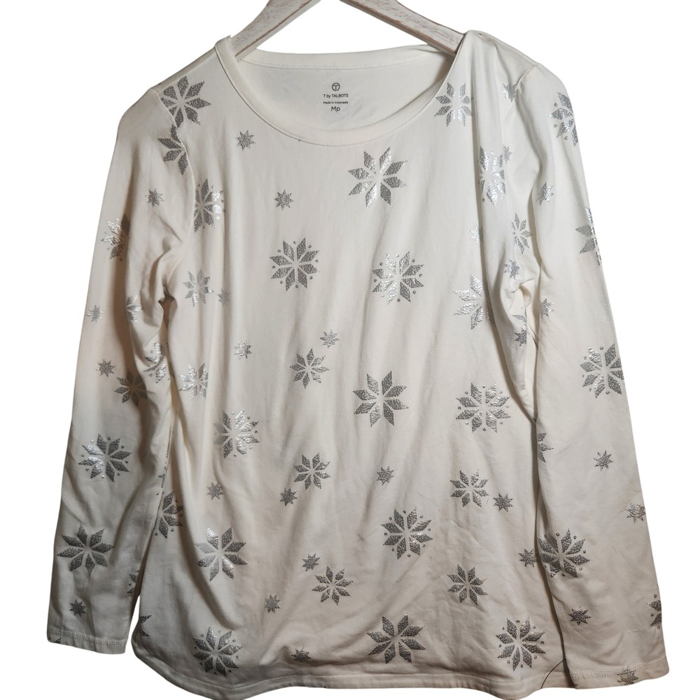 T by Talbots Ivory Silver Metallic Snowflake Long Sleeve Top Petite Medium NWT